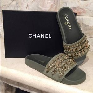 Chanel Green Gold Chain Mule Slide Sandal Flat 36